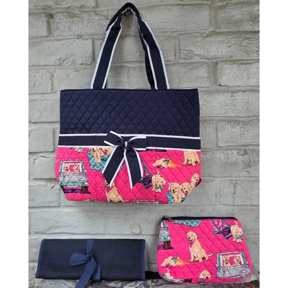 N.Gil Quilted Tote Bag Set Pink Golden Retriever Puppy Dog Print 3 Piece NWT